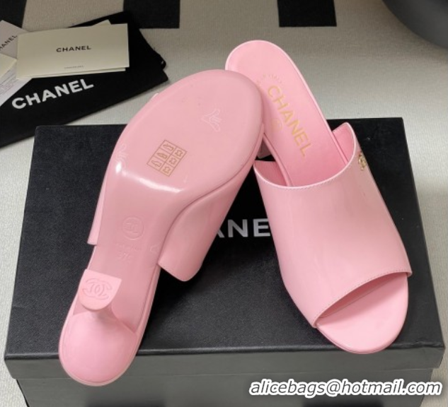 Expensive Chanel Patent Calfskin Heel Slides Sandal 8.5cm Pink 2025 CH061015