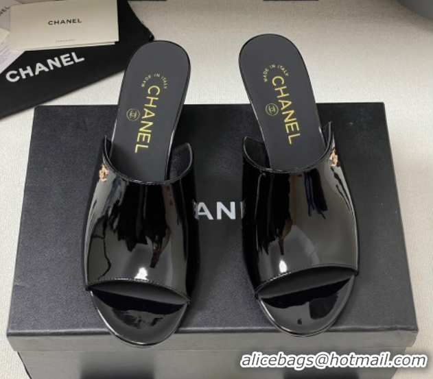 Perfect Chanel Patent Calfskin Heel Slides Sandal 5.5cm Black 2025 CH061015