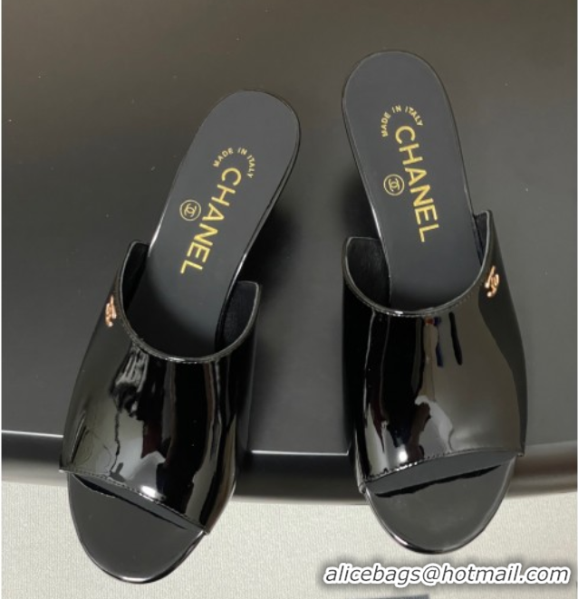 Perfect Chanel Patent Calfskin Heel Slides Sandal 5.5cm Black 2025 CH061015