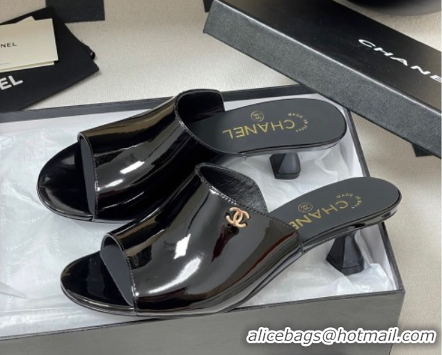 Perfect Chanel Patent Calfskin Heel Slides Sandal 5.5cm Black 2025 CH061015
