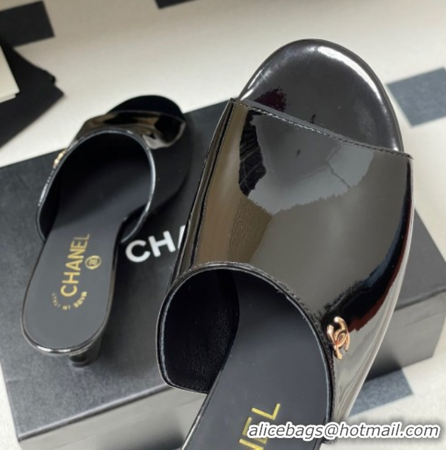 Perfect Chanel Patent Calfskin Heel Slides Sandal 5.5cm Black 2025 CH061015