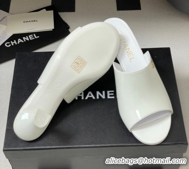Discount Chanel Patent Calfskin Heel Slides Sandal 5.5cm White 2025 CH061015