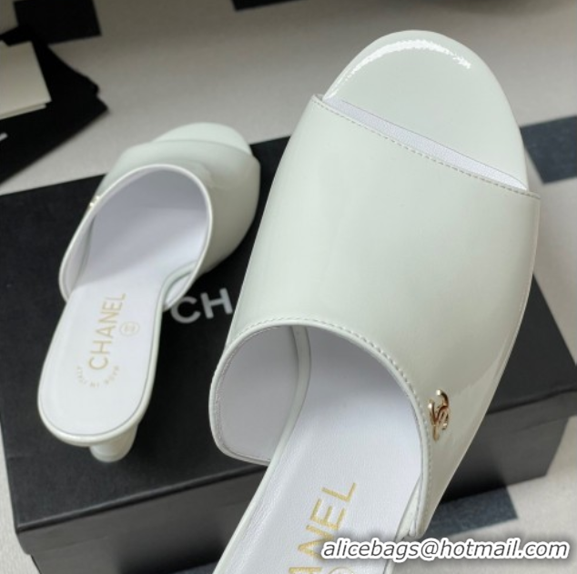 Discount Chanel Patent Calfskin Heel Slides Sandal 5.5cm White 2025 CH061015