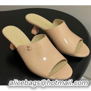Good Looking Chanel Patent Calfskin Heel Slides Sandal 5.5cm Beige 2025 CH061015
