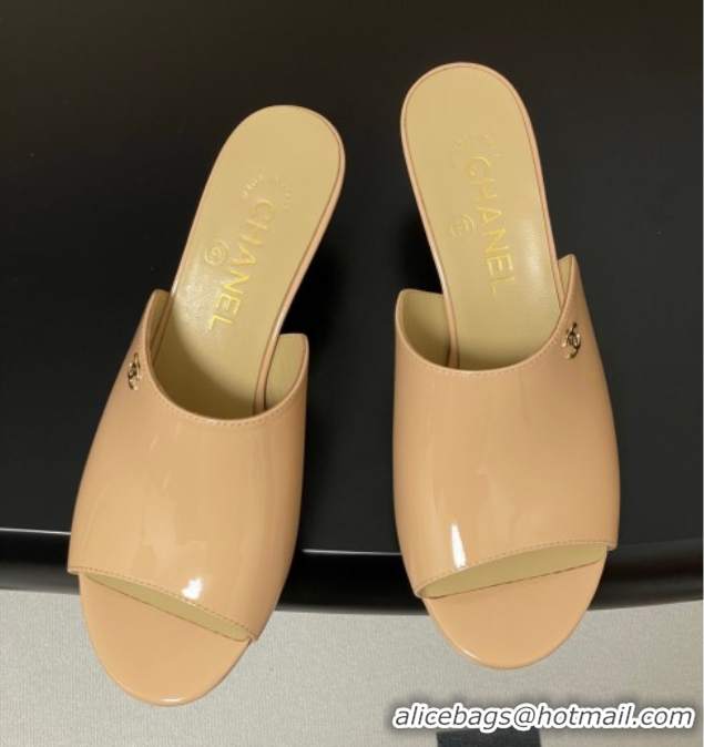 Good Looking Chanel Patent Calfskin Heel Slides Sandal 5.5cm Beige 2025 CH061015