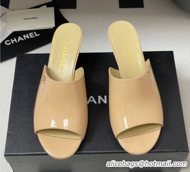 Good Looking Chanel Patent Calfskin Heel Slides Sandal 5.5cm Beige 2025 CH061015