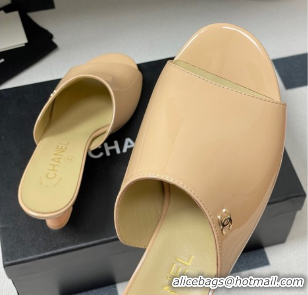 Good Looking Chanel Patent Calfskin Heel Slides Sandal 5.5cm Beige 2025 CH061015