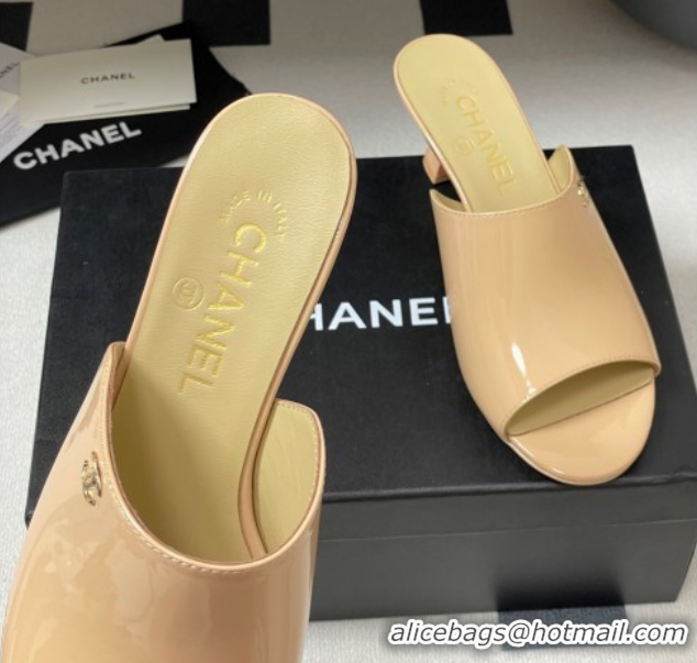 Good Looking Chanel Patent Calfskin Heel Slides Sandal 5.5cm Beige 2025 CH061015
