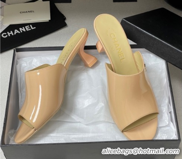 Good Looking Chanel Patent Calfskin Heel Slides Sandal 5.5cm Beige 2025 CH061015
