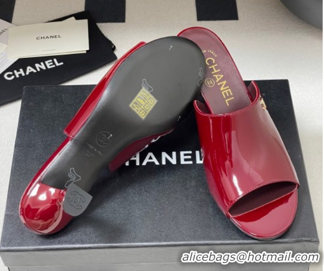 Shop Duplicate Chanel Patent Calfskin Heel Slides Sandal 5.5cm Red 2025 CH061015