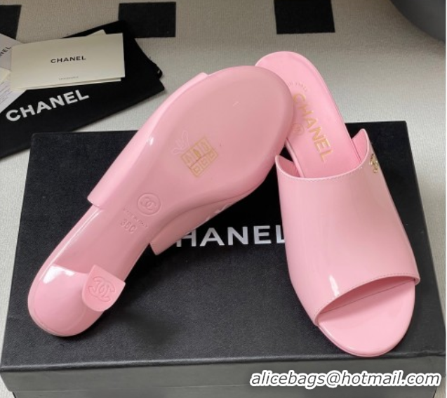 Best Product Chanel Patent Calfskin Heel Slides Sandal 5.5cm Pink 2025 CH061015