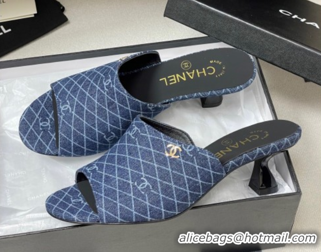 Low Cost Chanel Quilted Denim Heel Slides Sandal 5.5cm Navy Blue 2025 CH061015
