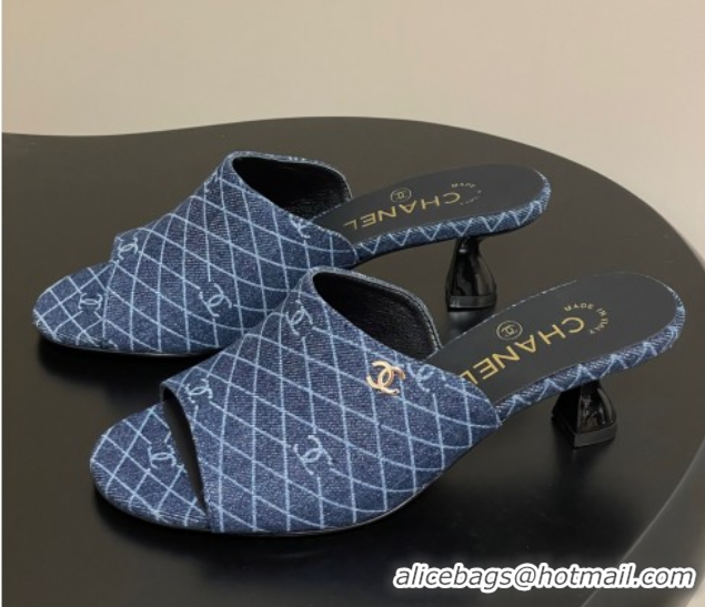 Low Cost Chanel Quilted Denim Heel Slides Sandal 5.5cm Navy Blue 2025 CH061015