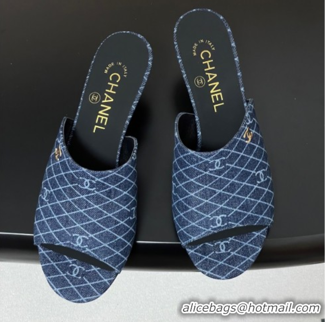 Low Cost Chanel Quilted Denim Heel Slides Sandal 5.5cm Navy Blue 2025 CH061015