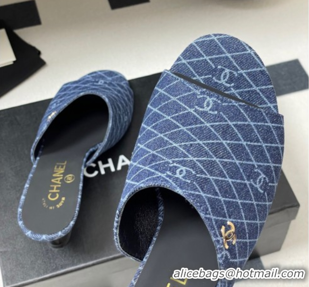 Low Cost Chanel Quilted Denim Heel Slides Sandal 5.5cm Navy Blue 2025 CH061015