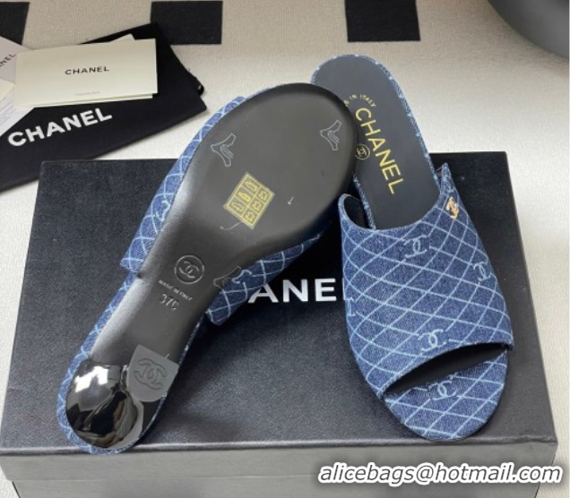 Low Cost Chanel Quilted Denim Heel Slides Sandal 5.5cm Navy Blue 2025 CH061015
