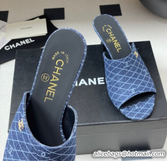 Low Cost Chanel Quilted Denim Heel Slides Sandal 5.5cm Navy Blue 2025 CH061015