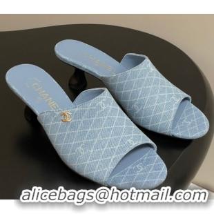Top Grade Chanel Quilted Denim Heel Slides Sandal 5.5cm Light Blue 2025 CH061015
