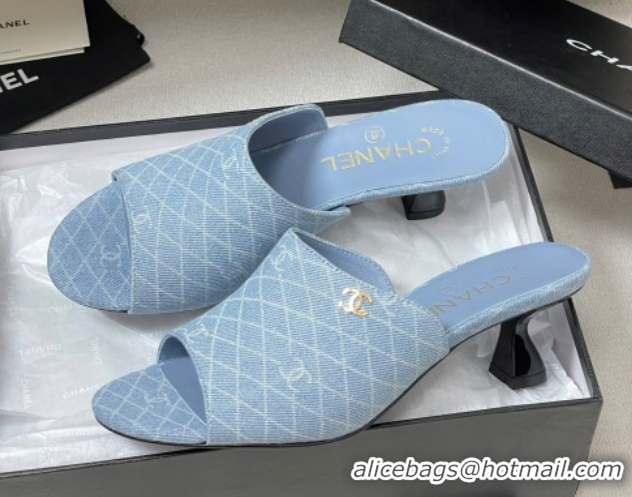 Top Grade Chanel Quilted Denim Heel Slides Sandal 5.5cm Light Blue 2025 CH061015