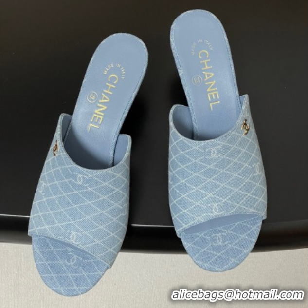 Top Grade Chanel Quilted Denim Heel Slides Sandal 5.5cm Light Blue 2025 CH061015