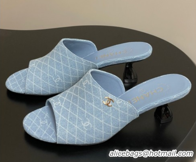 Top Grade Chanel Quilted Denim Heel Slides Sandal 5.5cm Light Blue 2025 CH061015