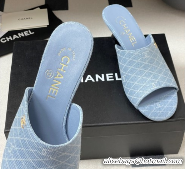 Top Grade Chanel Quilted Denim Heel Slides Sandal 5.5cm Light Blue 2025 CH061015