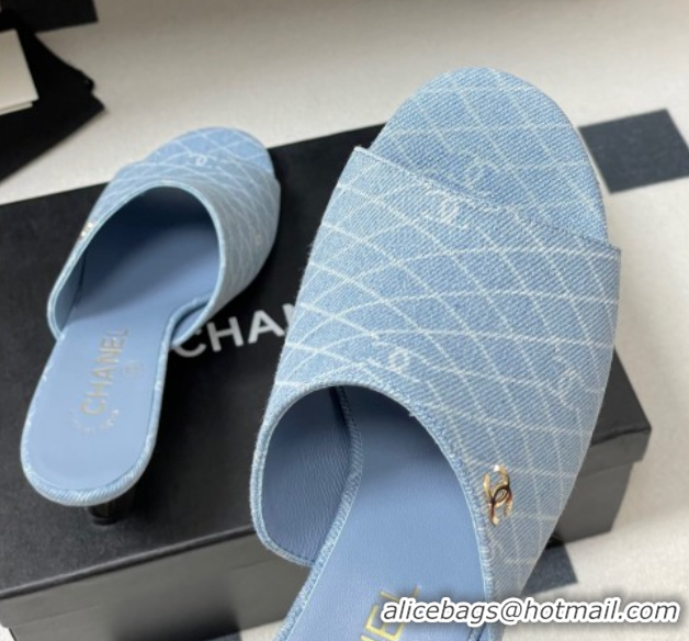 Top Grade Chanel Quilted Denim Heel Slides Sandal 5.5cm Light Blue 2025 CH061015