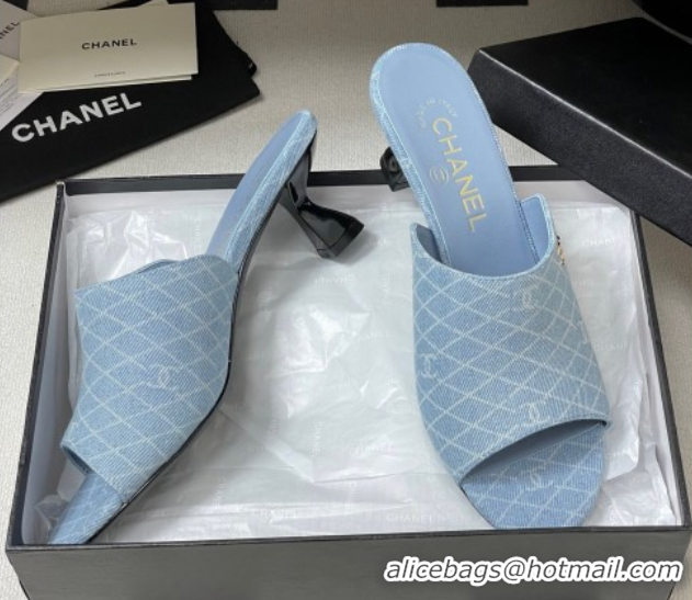 Top Grade Chanel Quilted Denim Heel Slides Sandal 5.5cm Light Blue 2025 CH061015