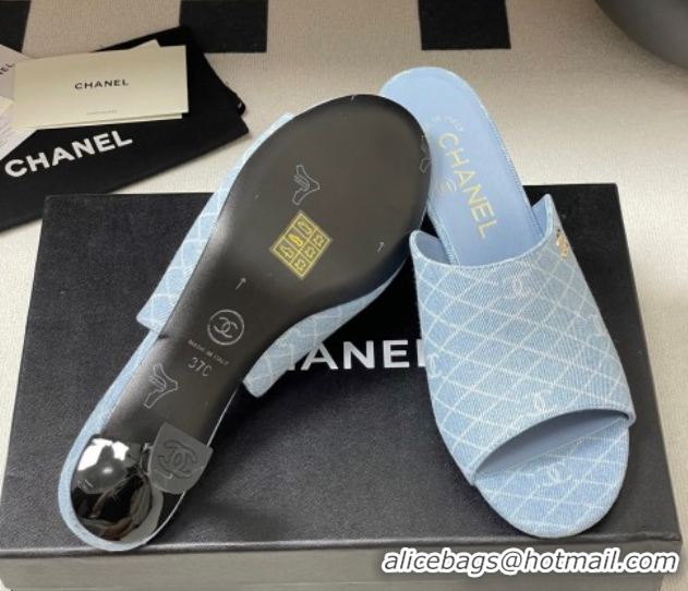 Top Grade Chanel Quilted Denim Heel Slides Sandal 5.5cm Light Blue 2025 CH061015