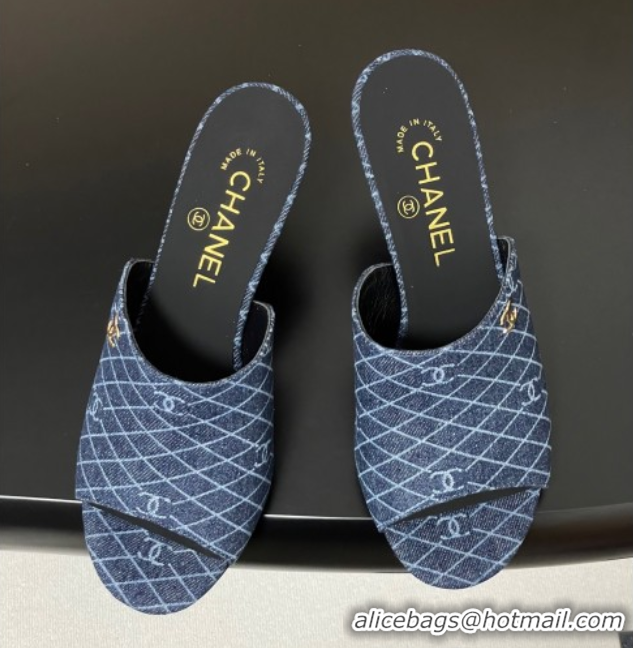 Durable Chanel Quilted Denim Heel Slides Sandal 8.5cm Navy Blue 2025 CH061015