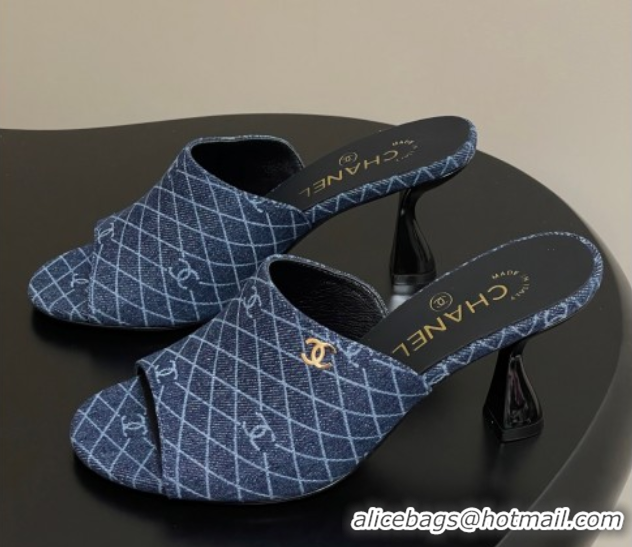 Durable Chanel Quilted Denim Heel Slides Sandal 8.5cm Navy Blue 2025 CH061015