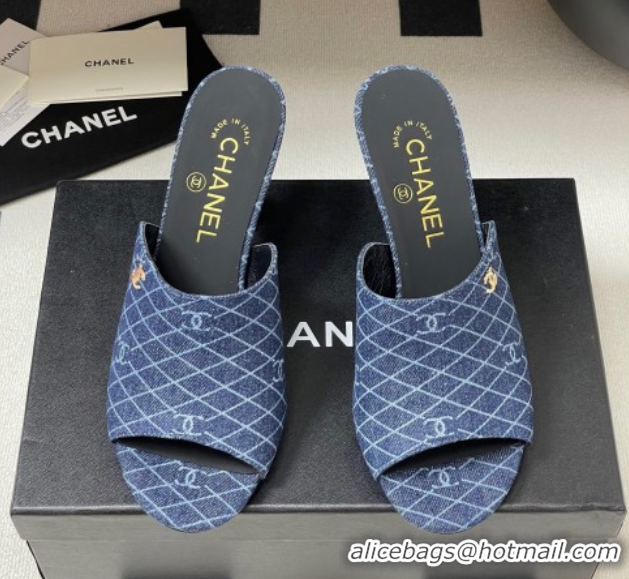 Durable Chanel Quilted Denim Heel Slides Sandal 8.5cm Navy Blue 2025 CH061015