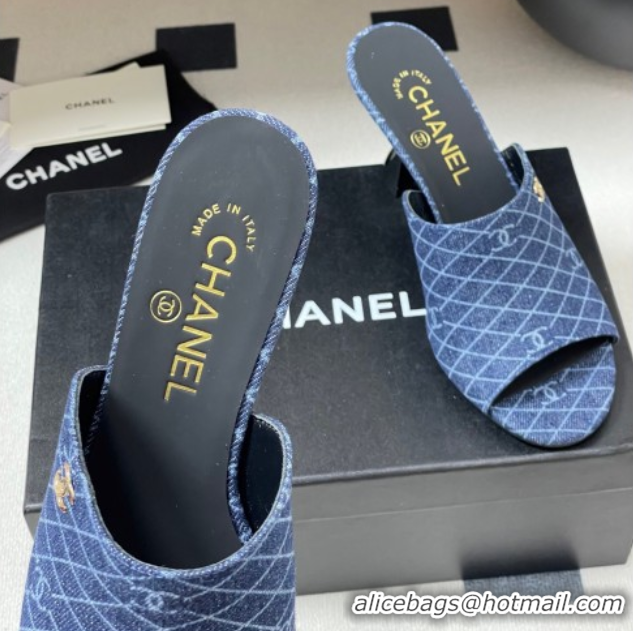 Durable Chanel Quilted Denim Heel Slides Sandal 8.5cm Navy Blue 2025 CH061015