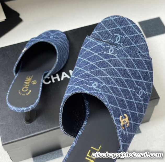 Durable Chanel Quilted Denim Heel Slides Sandal 8.5cm Navy Blue 2025 CH061015