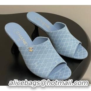 Top Grade Chanel Quilted Denim Heel Slides Sandal 8.5cm Light Blue 2025 CH061015