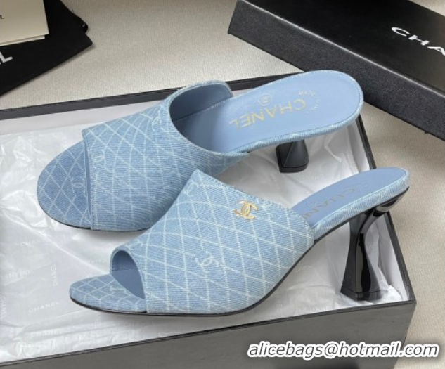 Top Grade Chanel Quilted Denim Heel Slides Sandal 8.5cm Light Blue 2025 CH061015