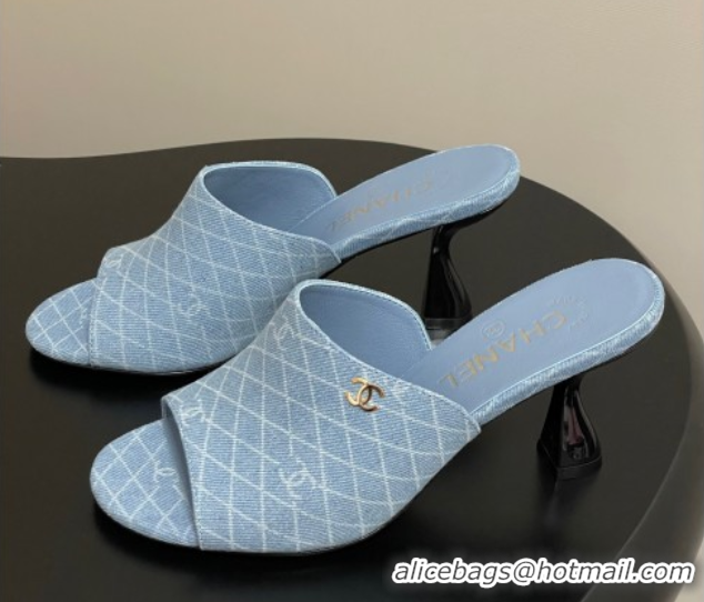 Top Grade Chanel Quilted Denim Heel Slides Sandal 8.5cm Light Blue 2025 CH061015