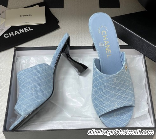 Top Grade Chanel Quilted Denim Heel Slides Sandal 8.5cm Light Blue 2025 CH061015