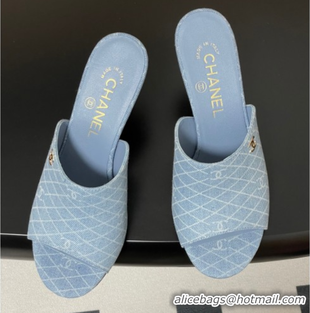 Top Grade Chanel Quilted Denim Heel Slides Sandal 8.5cm Light Blue 2025 CH061015