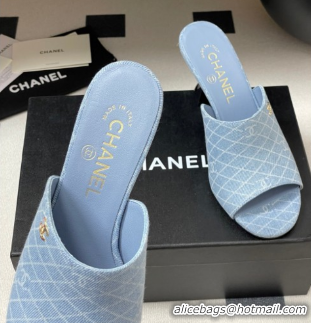 Top Grade Chanel Quilted Denim Heel Slides Sandal 8.5cm Light Blue 2025 CH061015