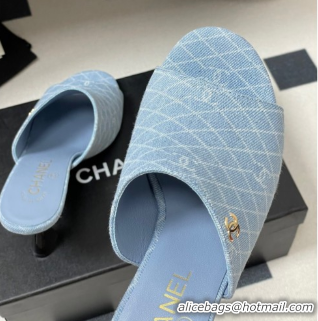 Top Grade Chanel Quilted Denim Heel Slides Sandal 8.5cm Light Blue 2025 CH061015