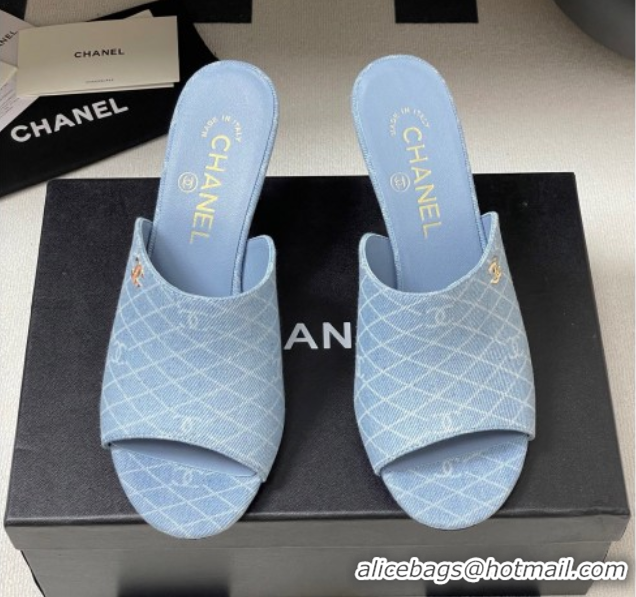 Top Grade Chanel Quilted Denim Heel Slides Sandal 8.5cm Light Blue 2025 CH061015