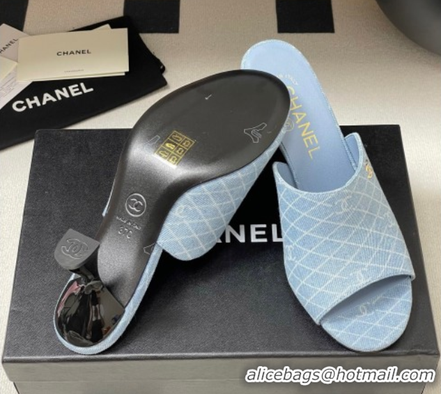 Top Grade Chanel Quilted Denim Heel Slides Sandal 8.5cm Light Blue 2025 CH061015