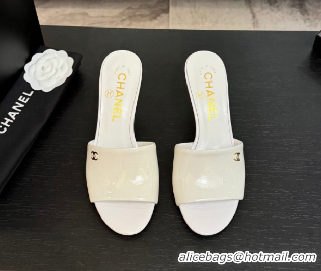 Good Looking Chanel Patent Calfskin Heel Slides Sandal 7cm White 2025 CH061016