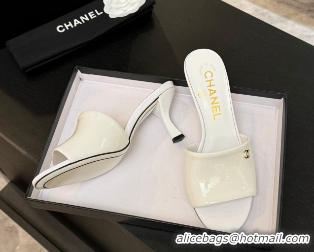 Good Looking Chanel Patent Calfskin Heel Slides Sandal 7cm White 2025 CH061016