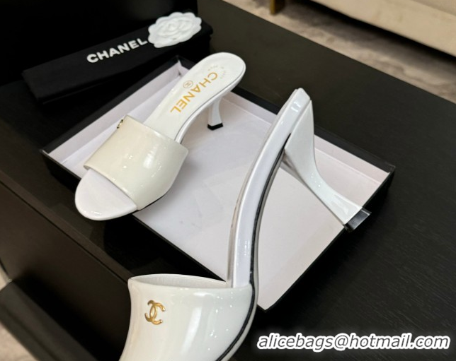 Good Looking Chanel Patent Calfskin Heel Slides Sandal 7cm White 2025 CH061016