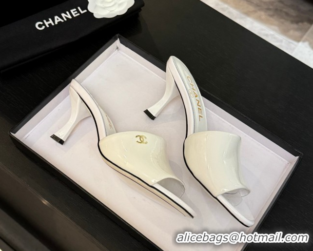 Good Looking Chanel Patent Calfskin Heel Slides Sandal 7cm White 2025 CH061016