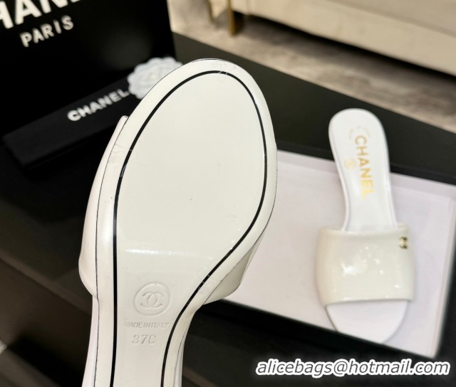 Good Looking Chanel Patent Calfskin Heel Slides Sandal 7cm White 2025 CH061016