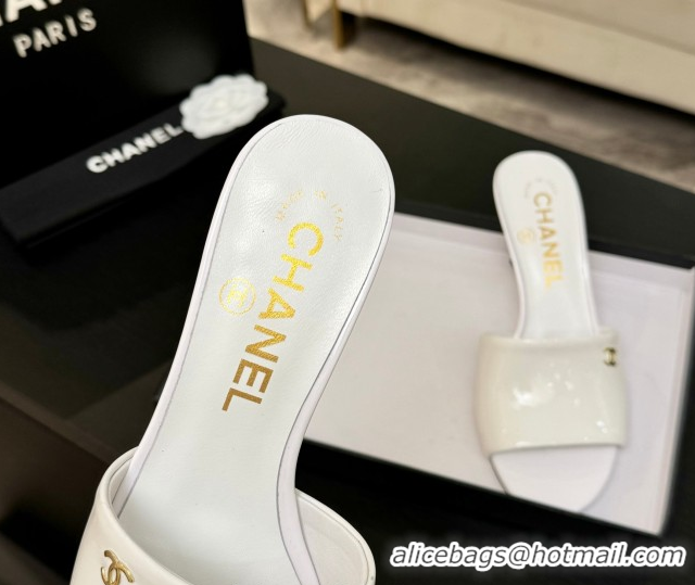 Good Looking Chanel Patent Calfskin Heel Slides Sandal 7cm White 2025 CH061016