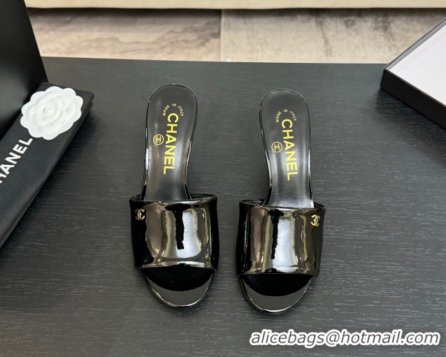 Good Quality Chanel Patent Calfskin Heel Slides Sandal 7cm Black 2025 CH061016